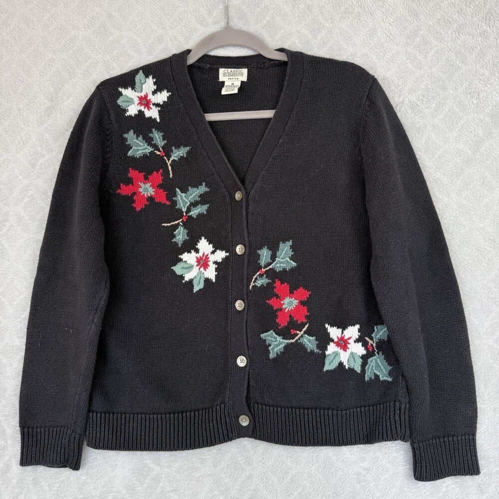 Vtg Holiday Cardigan Sweater M Petite Poinsettia Christmas Grandmacore Winter